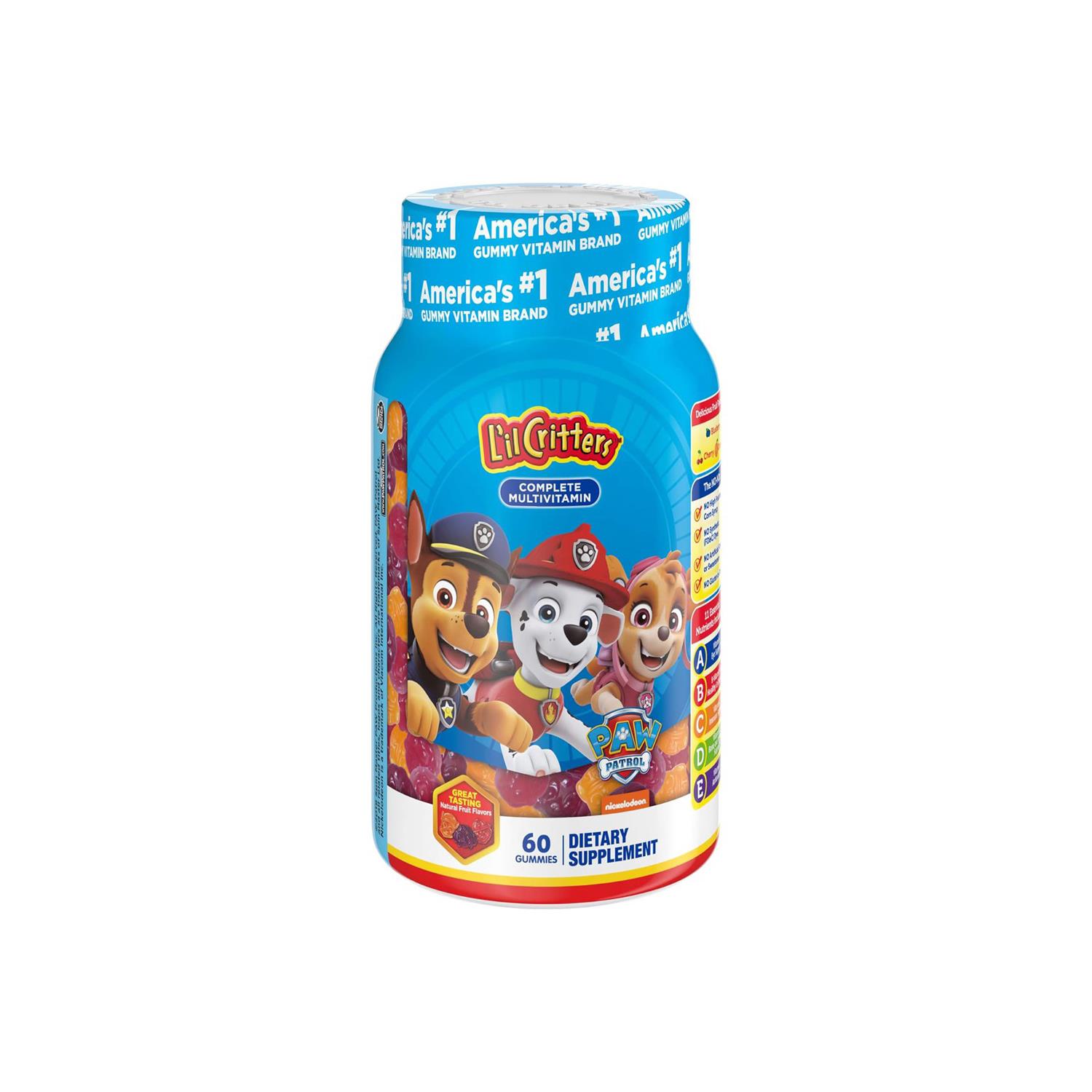 L’il Critters Paw Patrol Gummy Vites Daily Gummy Multivitamin for Kids, Vitamin C, D3 for Immune Support Cherry, Orange and Blueberry Flavors, 60 Gummies